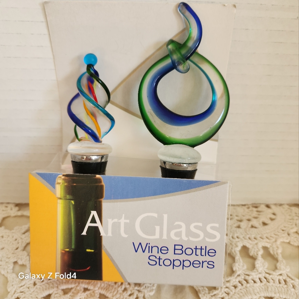 Art Glass Wine Bottle Stoppers - Blue and Green NWOT